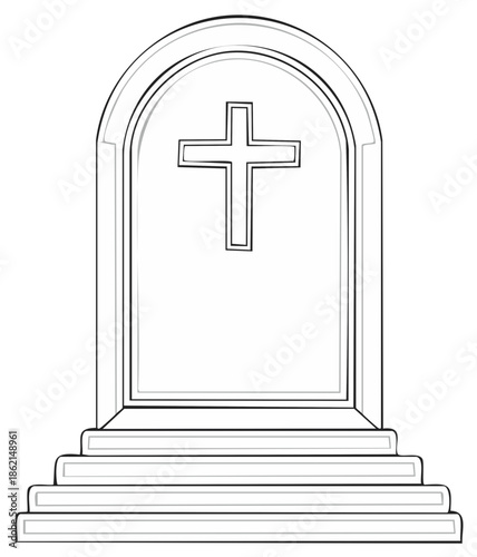 Tombstone with Cross Illustration on Steps, Mourning, Memorial, and Remembrance in a Funeral Setting, Stone Structure.