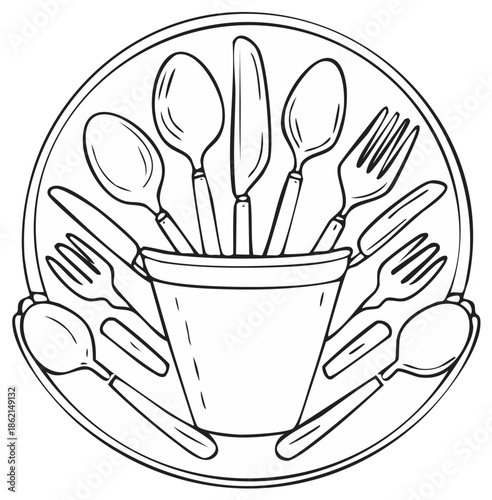 Black and white illustration of a tableware set with spoons, forks, and knives on a plate