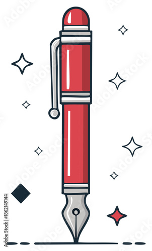 Elegant Red Fountain Pen with Sparkling Stars and Diamond Shapes