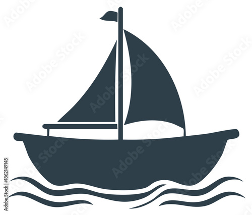 Flat design vector icon of a sailboat with a mast and sail navigating ocean waves