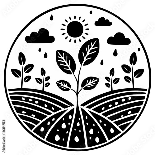 Seedling Growing Under the Sun and Rain, Farming Illustration,  Black and White
