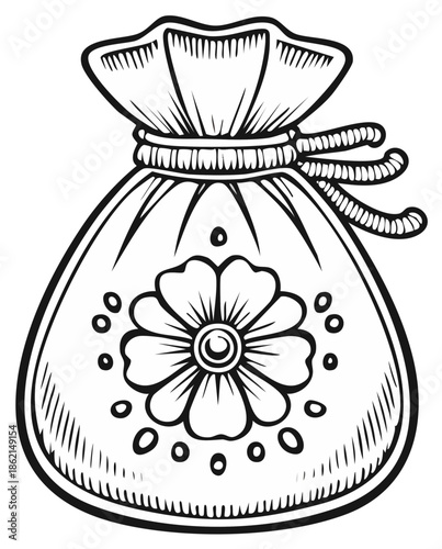 Decorative pouch with flower design, monochrome illustration, line art