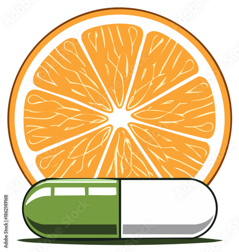 Orange slice and capsule, health concept, vitamin, healthy food