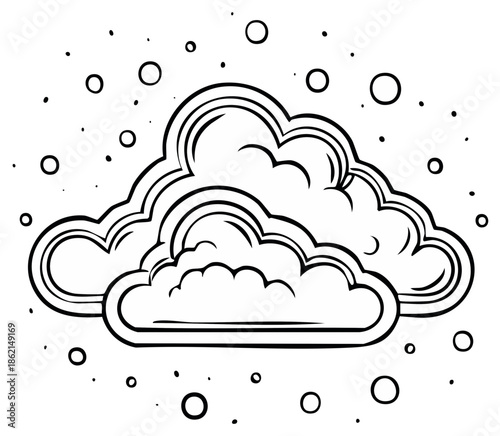 Black and white illustration of cumulus clouds and floating circles graphic
