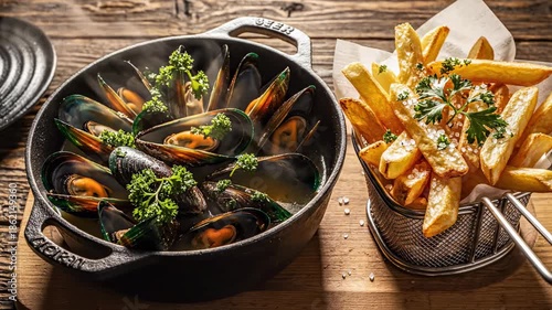 Beautiful overhead compositional shot of a classic pairing of mussels and golden French fries garnished with fresh green parsley on a rustic wooden table moules frites, arrangement, healthy protein