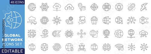 Global Network Line Icons Set – Cloud Computing, Internet, Data & Connection Vector