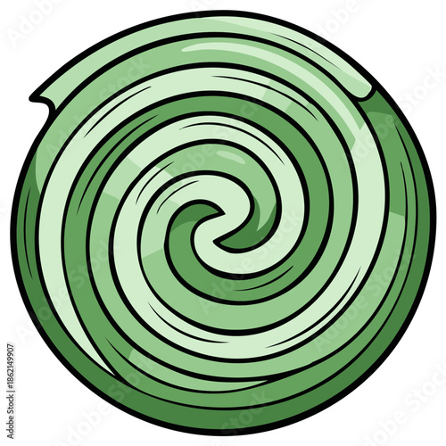 Cartoon style green swirl hard candy with a hypnotic spiral pattern