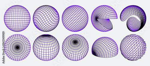 3D wireframe spheres. Geometric grid globes, abstract planet shapes and circular network balls. Latitude and longitude meridian lines, futuristic cyber distorted form, tech orb and digital world map w