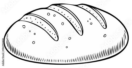 Line art drawing of a crusty loaf of bread with scoring on top and scattered crumbs
