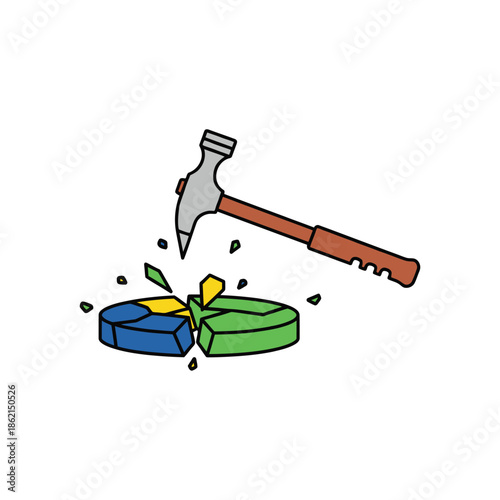 Hammer breaking pie chart data analysis and disruption concept
