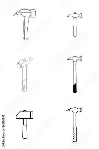 Rock hammer tool icon set line art vector illustration