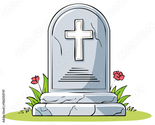 Gravestone with Cross Illustration Memorial Marker Tombstone Flowers and Green Grass