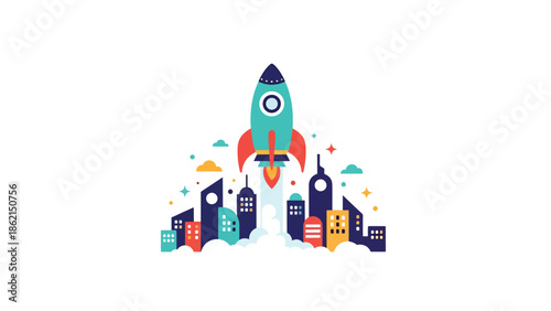 Modern vector illustration of friendly rocket launching above city skyline, startup growth, innovation, and rapid business expansion concept for modern companies