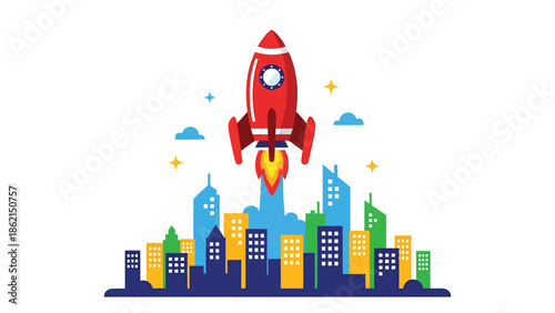 Modern vector illustration of friendly rocket launching above city skyline, startup growth, innovation, and rapid business expansion concept for modern companies