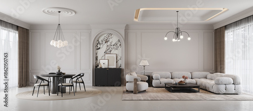 Panorama living and dining room in modern classic style  interior. 3d rendering