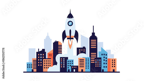 Modern vector illustration of friendly rocket launching above city skyline, startup growth, innovation, and rapid business expansion concept for modern companies