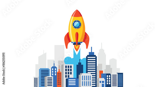 Modern vector illustration of friendly rocket launching above city skyline, startup growth, innovation, and rapid business expansion concept for modern companies