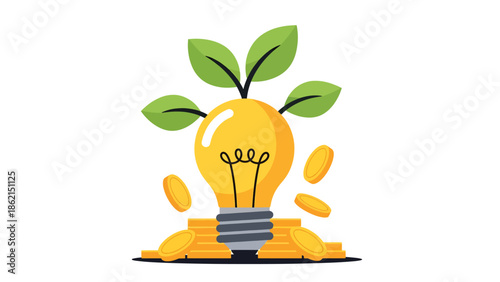 Modern vector illustration of light bulb growing leaves and coins, innovation-driven business growth, creative ideas, and financial success concept