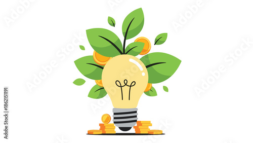 Modern vector illustration of light bulb growing leaves and coins, innovation-driven business growth, creative ideas, and financial success concept