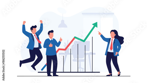 Modern vector illustration of diverse team celebrating around rising graph, company success, positive results, and business growth achievement concept