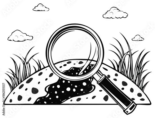 Magnifying glass examining speckled surface and plants under cloudy sky line art illustration
