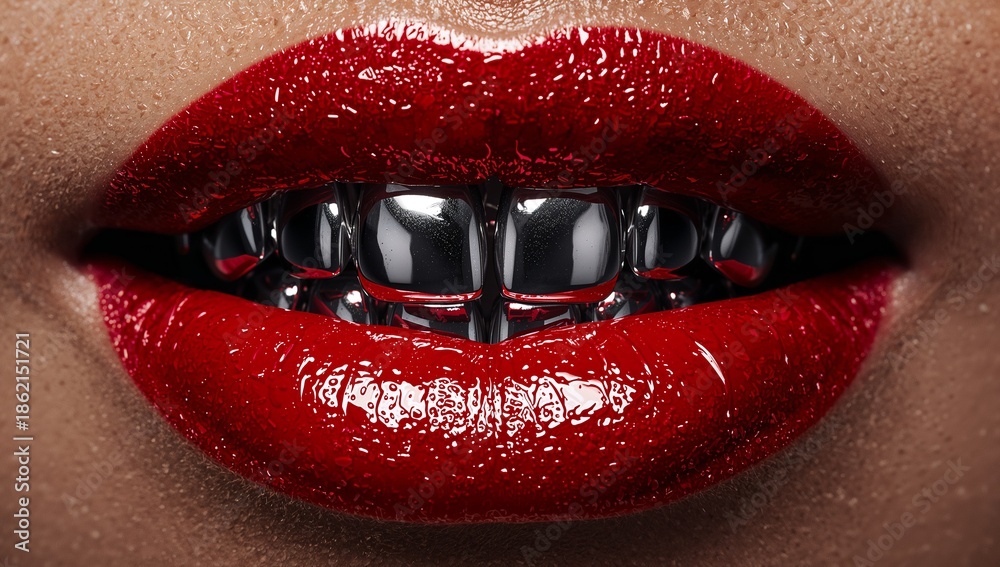 Obraz premium Glossy Red Lips with Metallic Dental Grills in Surreal Fashion Portrait