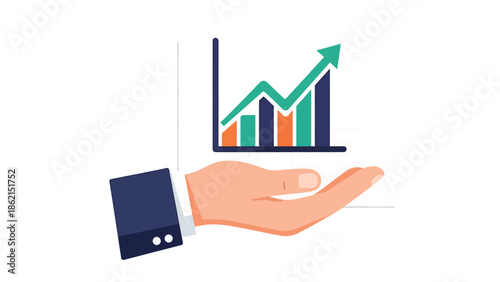 Modern vector illustration of hand holding growing chart with rounded shapes, support, mentorship, and business development concept for companies and startups