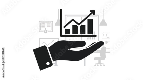 Modern vector illustration of hand holding growing chart with rounded shapes, support, mentorship, and business development concept for companies and startups