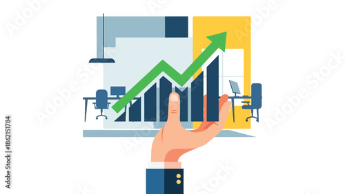 Modern vector illustration of hand holding growing chart with rounded shapes, support, mentorship, and business development concept for companies and startups