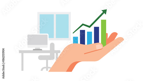 Modern vector illustration of hand holding growing chart with rounded shapes, support, mentorship, and business development concept for companies and startups