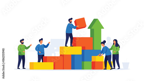 Modern vector illustration of startup team building growth chart together, collaboration, innovation, and shared business success concept
