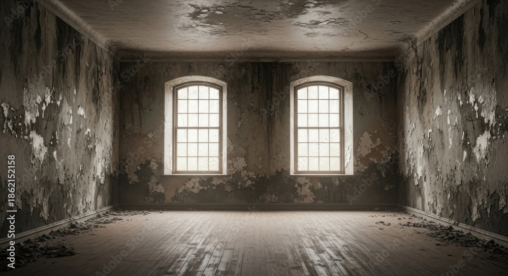 Obraz premium An empty, dimly lit room with peeling paint and exposed wooden floorboards.