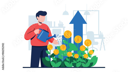 Modern vector illustration of person watering arrow-shaped plant, nurturing business growth, development, and long-term success concept