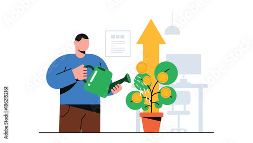 Modern vector illustration of person watering arrow-shaped plant, nurturing business growth, development, and long-term success concept