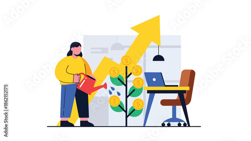 Modern vector illustration of person watering arrow-shaped plant, nurturing business growth, development, and long-term success concept