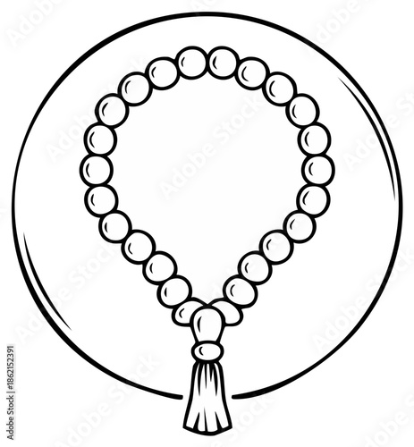 Islamic prayer beads or rosary with tassel inside a circular frame