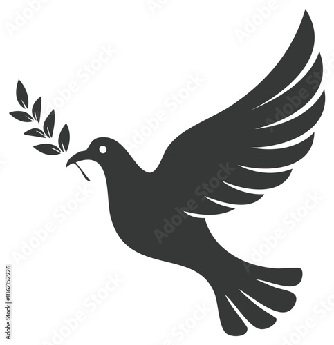 Silhouette of a dove with an olive branch in its beak symbolizing peace and freedom