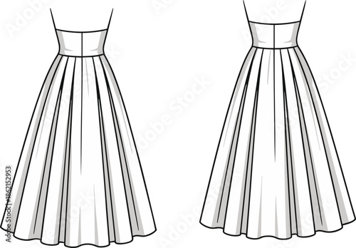 Strapless pleated maxi dress fashion technical flat illustration showing front and back views elegant womens apparel design vector outline