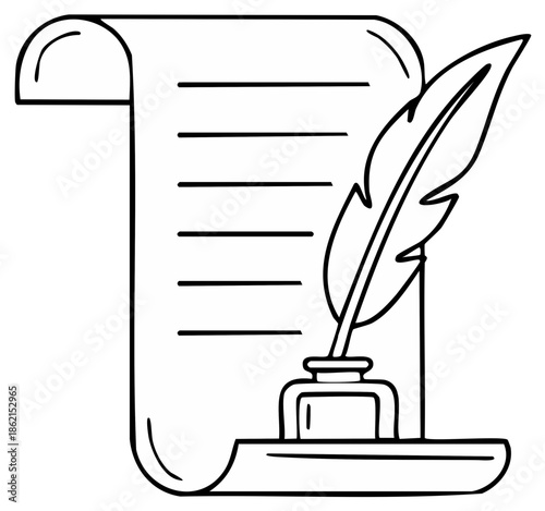 Scroll of parchment and quill pen with inkwell for writing, outlining concept