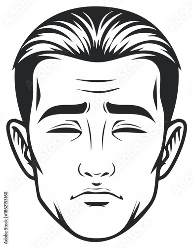 Monochrome Graphic of a Man's Face with Downcast Eyes Expressing Sadness or Introspection in a Stylized Minimalist Design