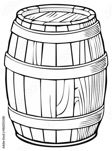 Rustic wooden barrel detailed outline drawing vintage wood stave container isolated