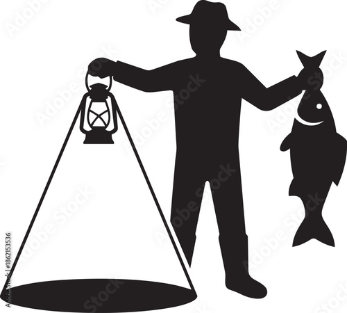 Traditional fisherman holding vintage lantern and fresh fish catch black silhouette vector art