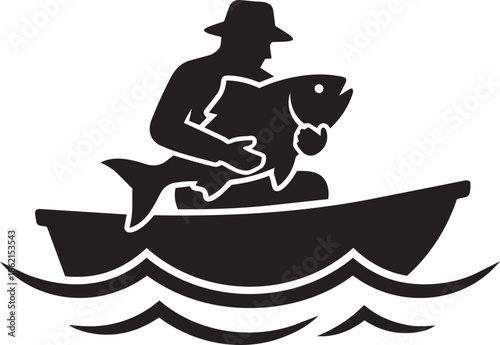 Successful fisherman in small boat holding large prize catch silhouette icon on sea wave line