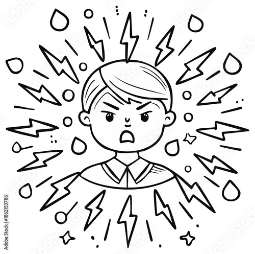 Cartoon depiction of a young boy experiencing anger and frustration, with energy bolts radiating.