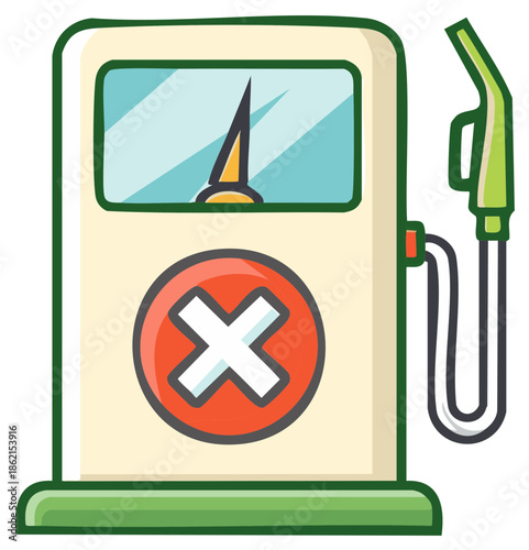 Cartoon gas pump with red X symbol indicating no fuel, empty, or out of service