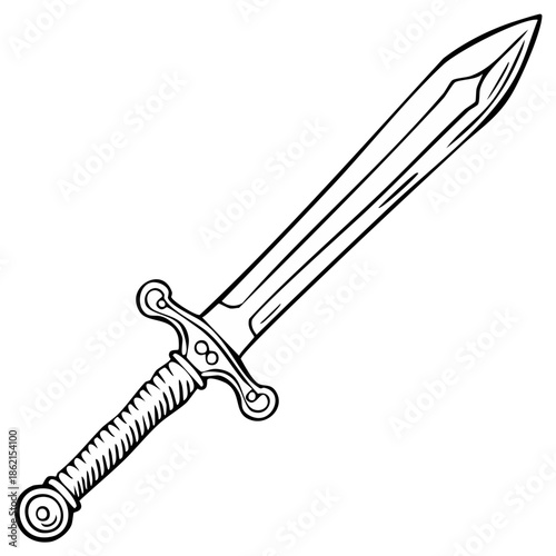 Black and white illustration of a fantasy sword, isolated.