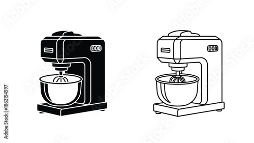 Black and white illustrations of stand mixers for baking and cooking