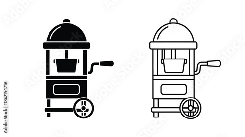 Black and white illustrations of vintage popcorn machines with hand cranks