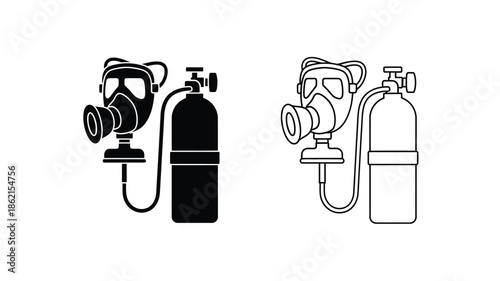 Black and white illustrations of scuba diving equipment with oxygen tanks