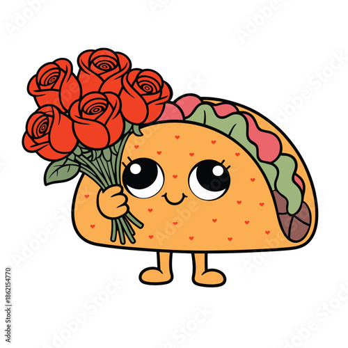 A charming cartoon taco character lovingly holding a vibrant bouquet of beautiful red roses with a sweet expression
